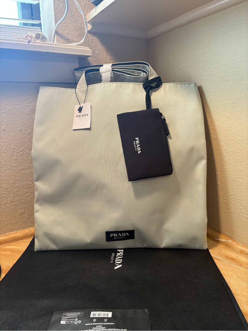 Prada Light Green Tote Bag With Black Pouch